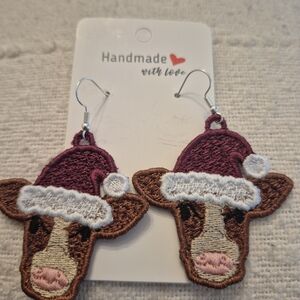 Festive Brown and Red Cow Earrings